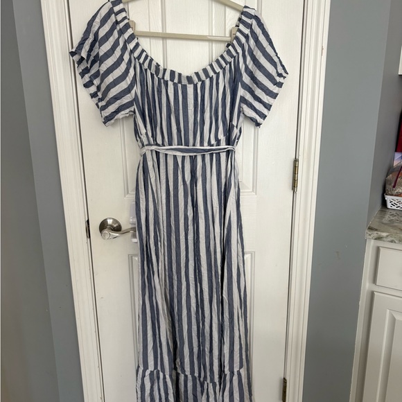 NWT Isabel Maternity Dress Off Shoulder Blue & White Vertical Stripes XXL - Picture 4 of 5